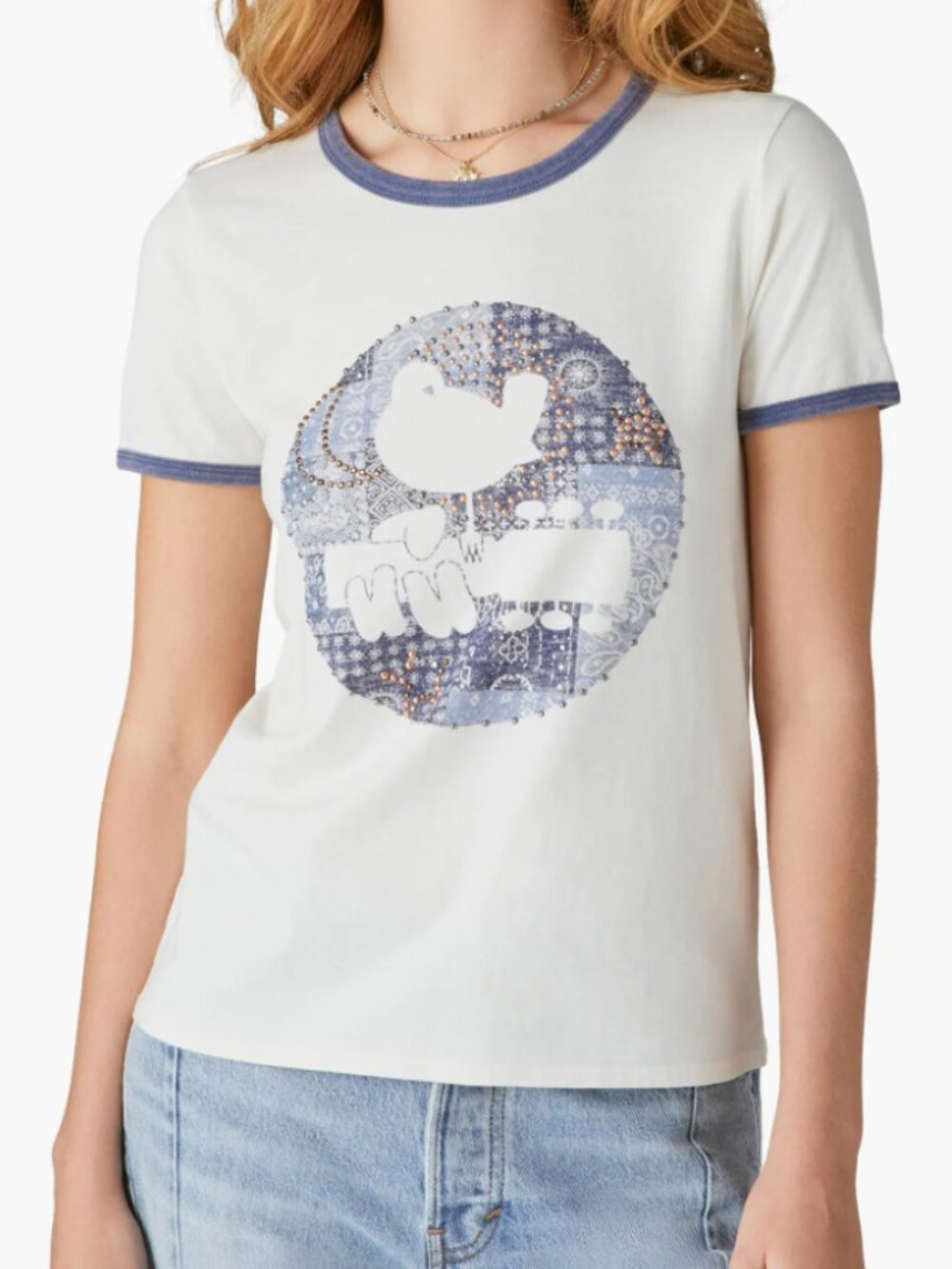 Women’s Lucky Brand White and Blue Woodstock Ringer T-Shirt Small